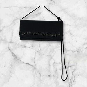 La Regale Vintage Black Satin Beaded Evening Clutch Purse With Shoulder Strap